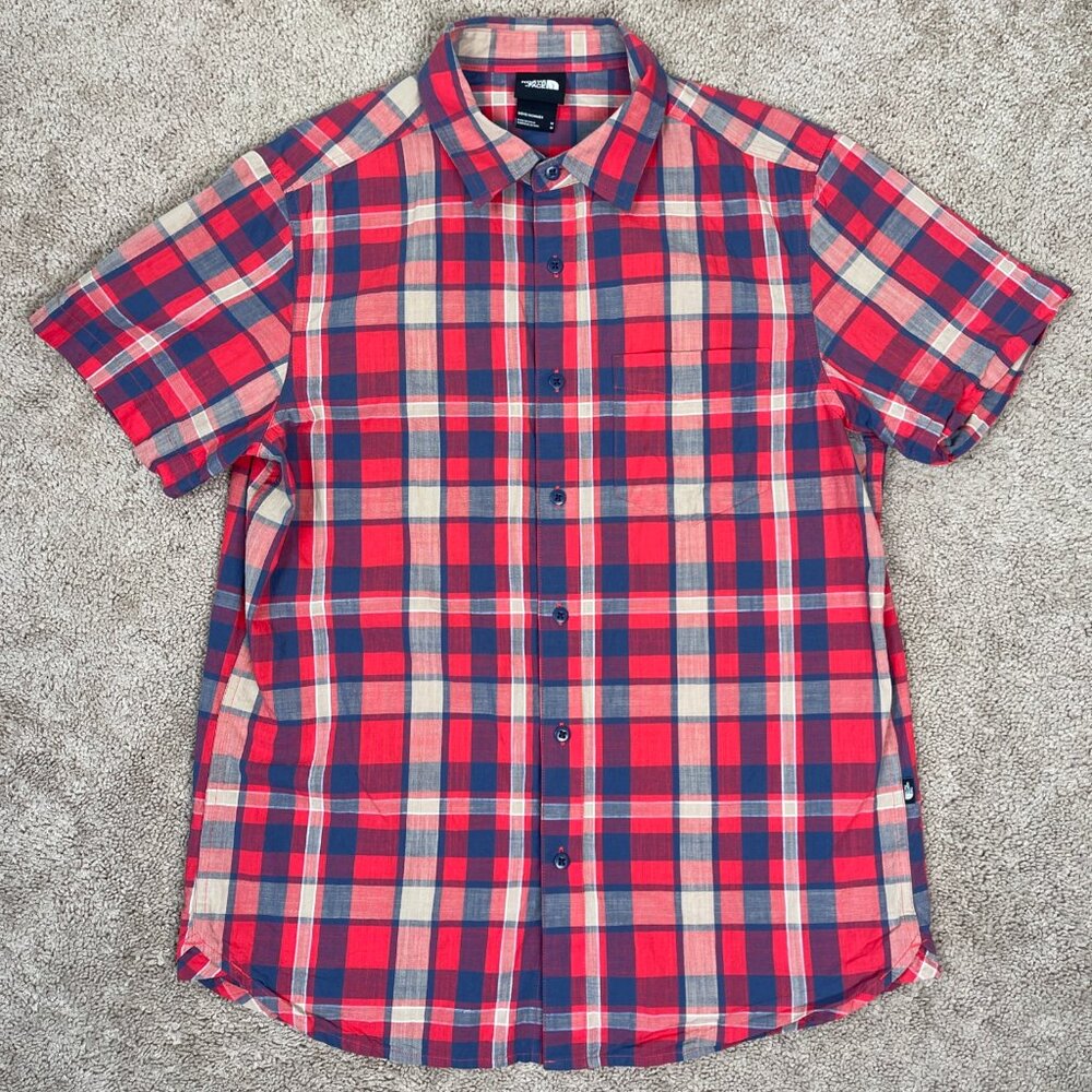The North Face Shirt Men M Red Blue Beige Button Hiking Cotton Outdoor Casual